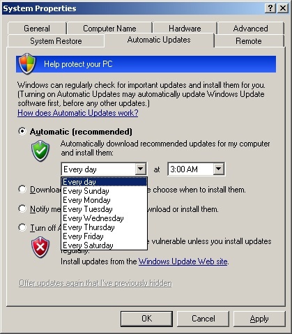 Configure Windows XP Automatic Updates