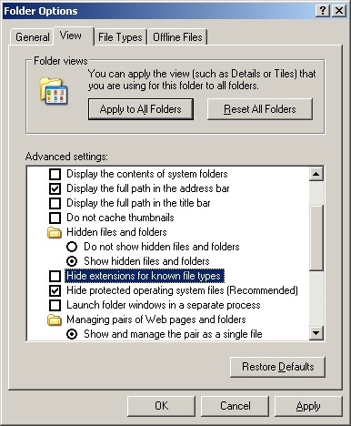 Show File Extension in Windows XP