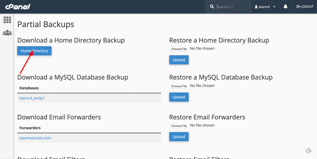 cpanel home directory download
